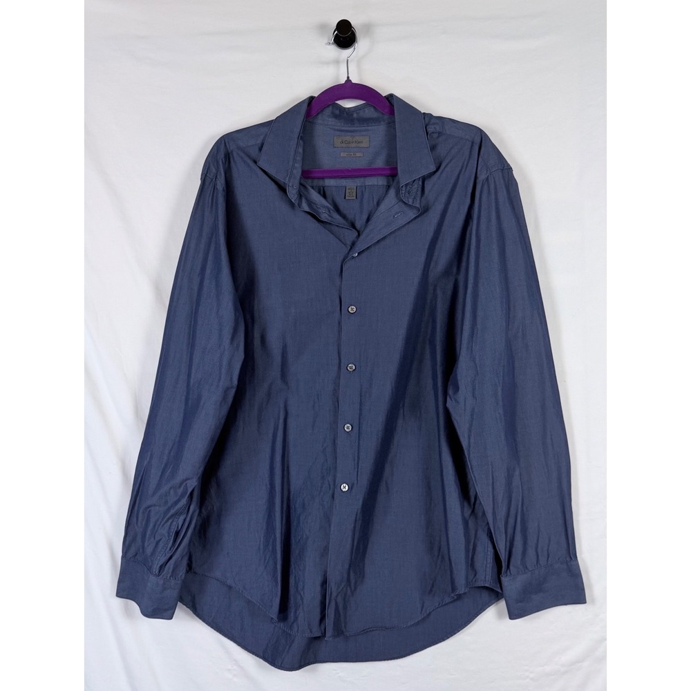 Calvin Klein Mens Dress Shirt LotX2 Slim Fit White Navy Blue 17 34/35 Preppy - Picture 2 of 16